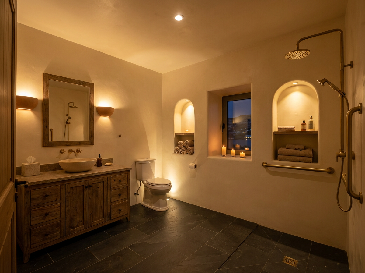 Stone bath by candle, arched window