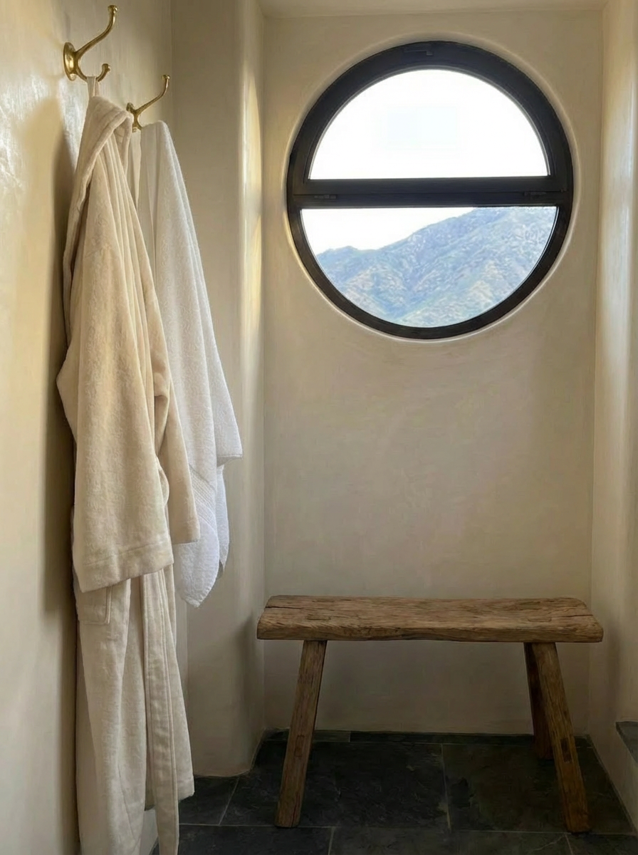 Bath alcove, arched window, stone basin