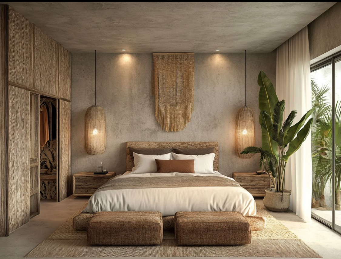 Close view of the bed, terracotta accent cushion, woven pendants
