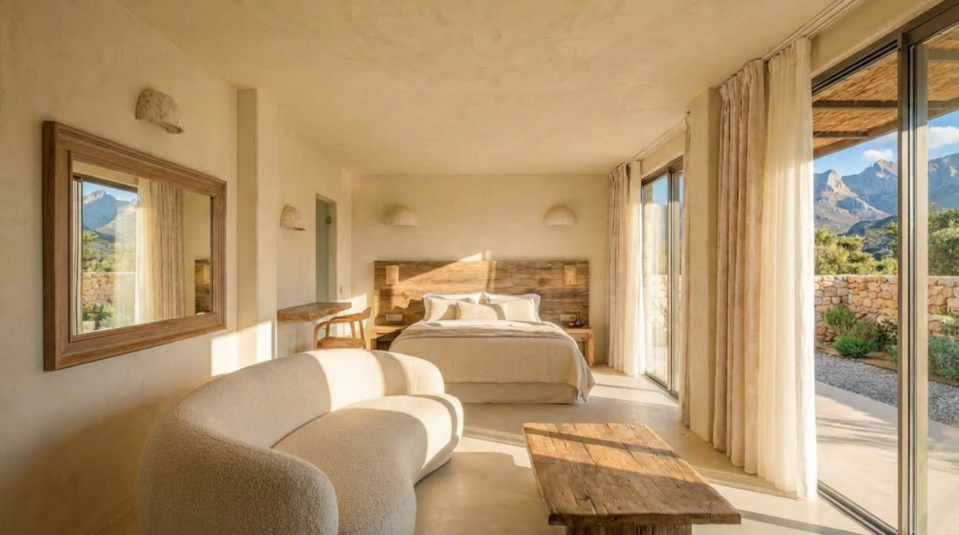Ariadne at full daylight — raw linen bed, woven textile above the headboard, the orchard beyond