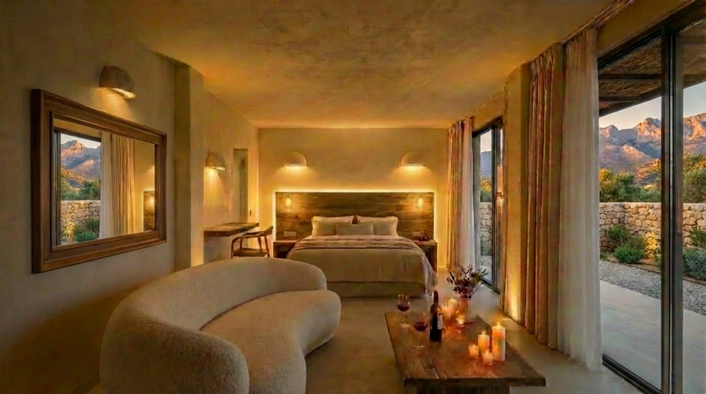 The room's basic design elements — stone, plaster, woven textile, terracotta
