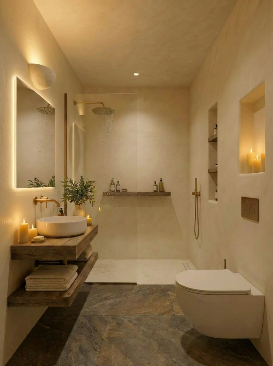 The bath from the entrance — stone, arched window, light from the south