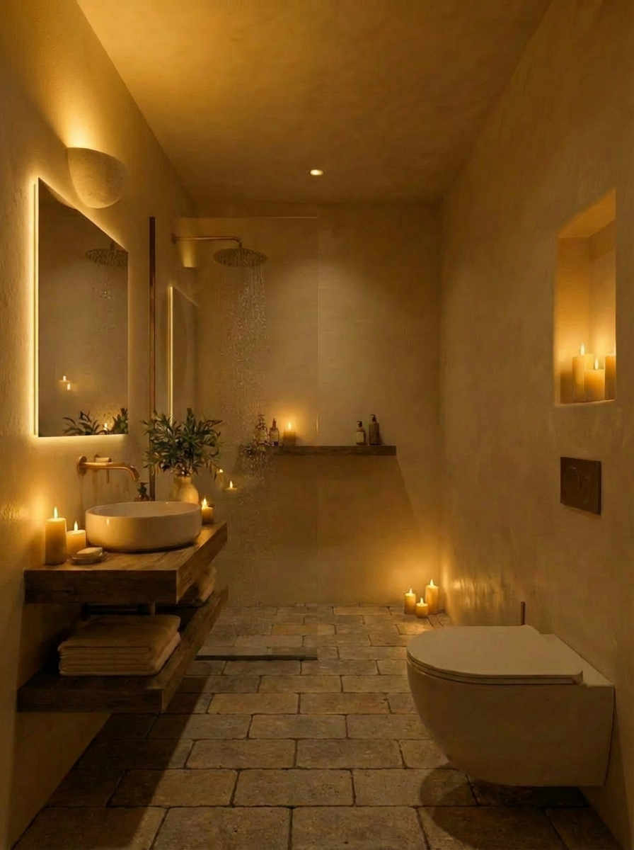 The bath by candle — alcove, warm low light, the day finishing