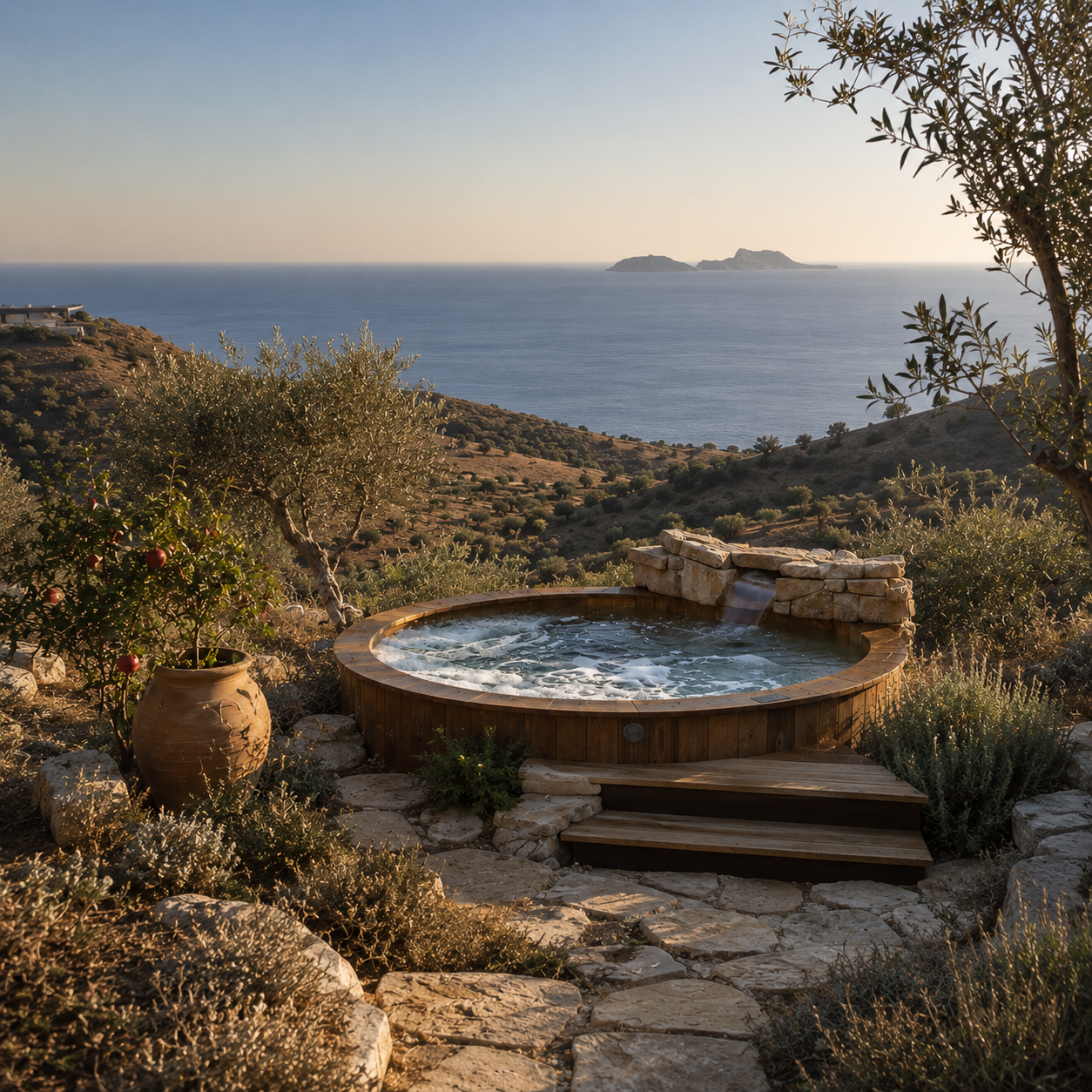 The wooden hot tub on the cliff at golden hour, olive trees framing the view, the small island on the sea horizon