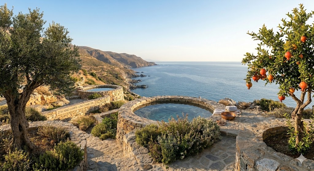 The terraced stone bath cut into the cliff, olive and pomegranate trees, the Libyan Sea below