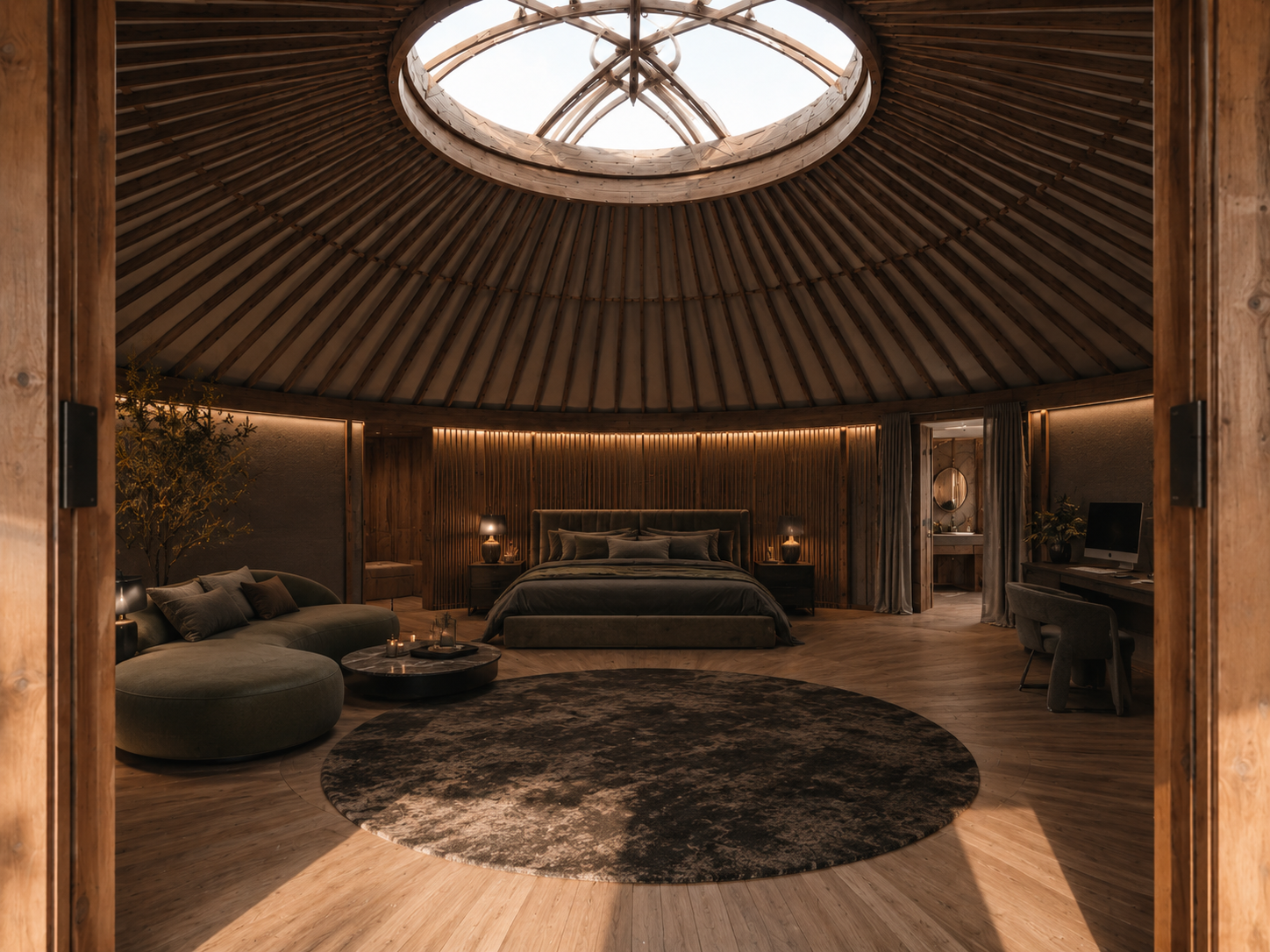 Khanat by candle and lamp — olive velvet bed, dark round rug, the desk in the alcove, the bathroom beyond