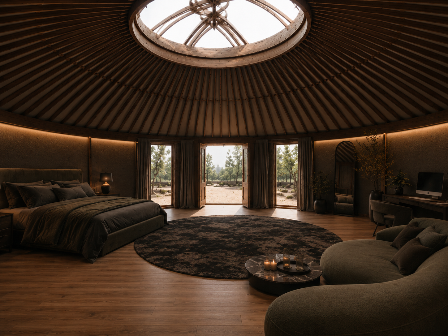 Khanat — doors open to the orchard, candle tray on the low table, the bed dressed in olive