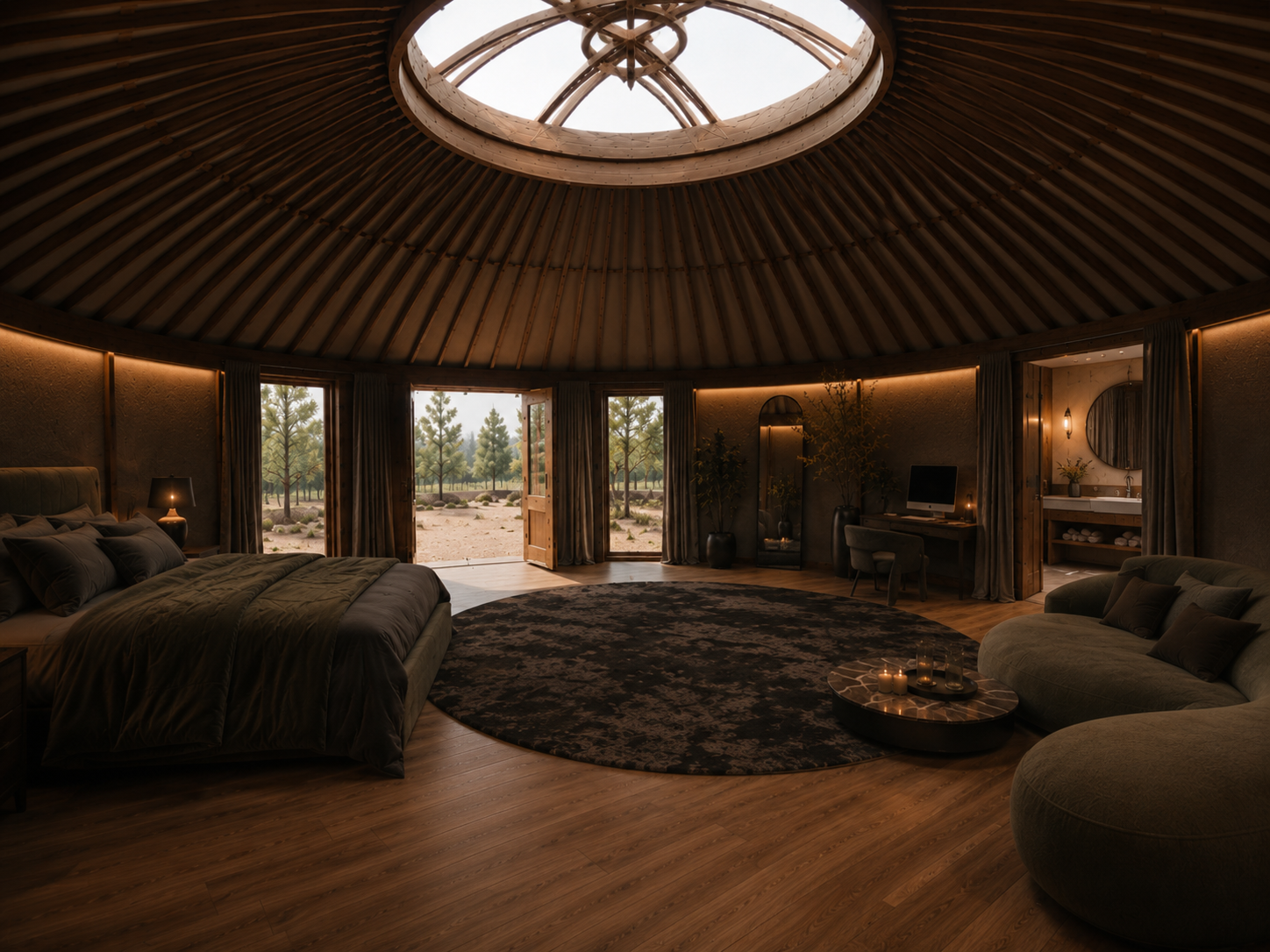 Khanat at the quiet hour — bed to the left, the round in full view, doors open south
