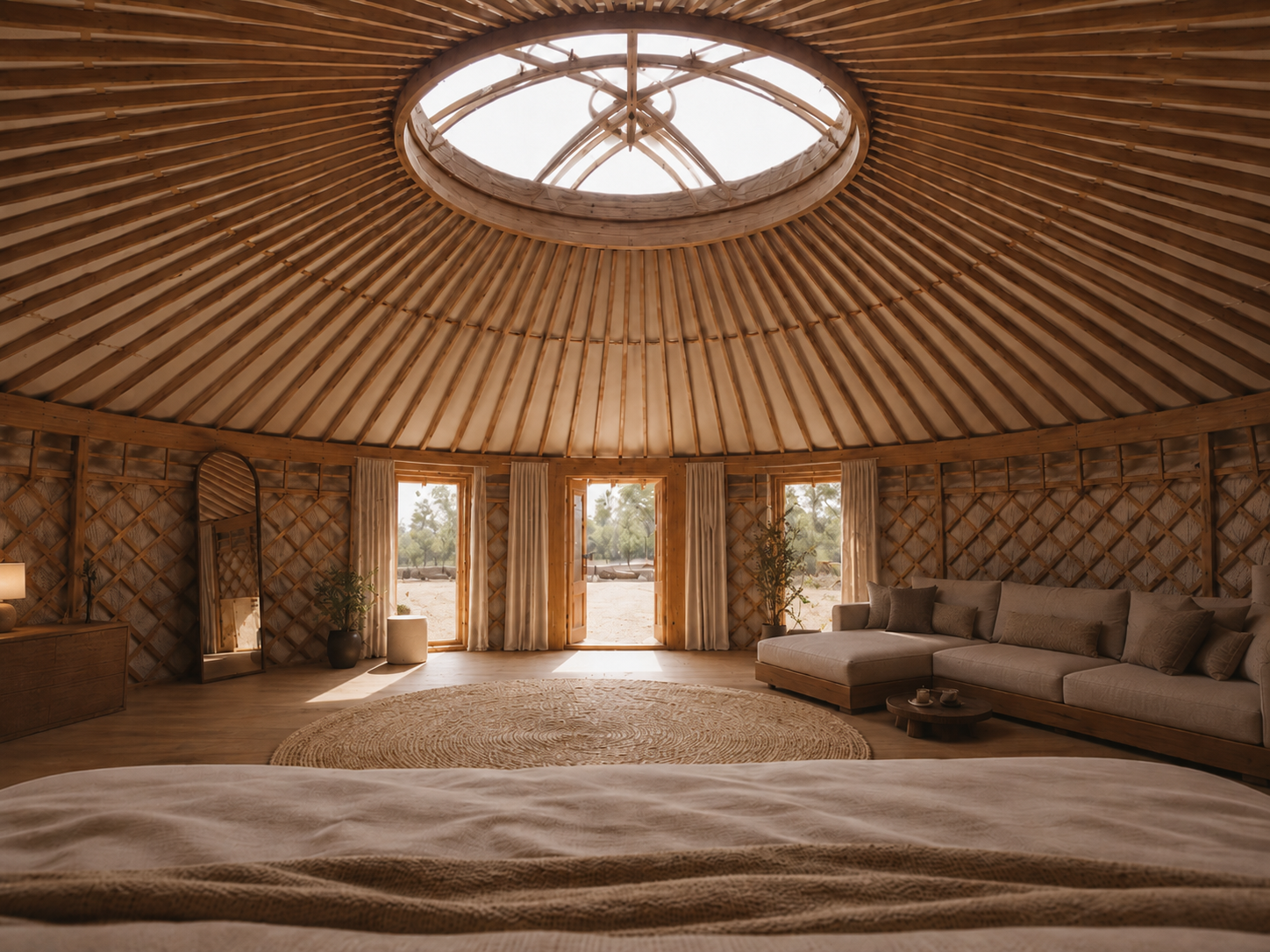 Manas — looking up to the apex circle, sofa, doors open to the orchard