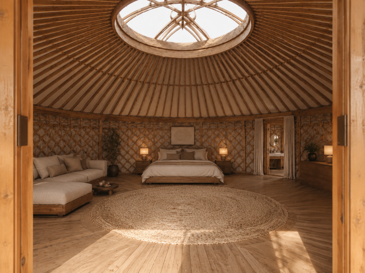 Manas — looking through the doors, the bed centred under the apex, lamps lit