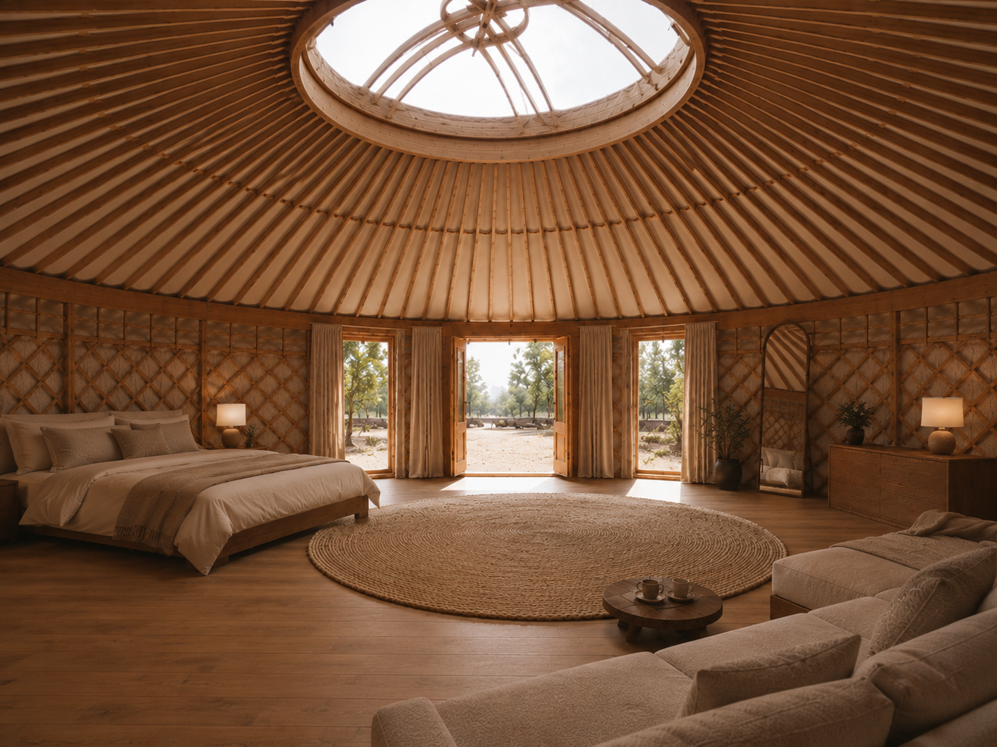 Manas at dusk — bed to the left, doors open to the orchard, woven round rug, lamps lit