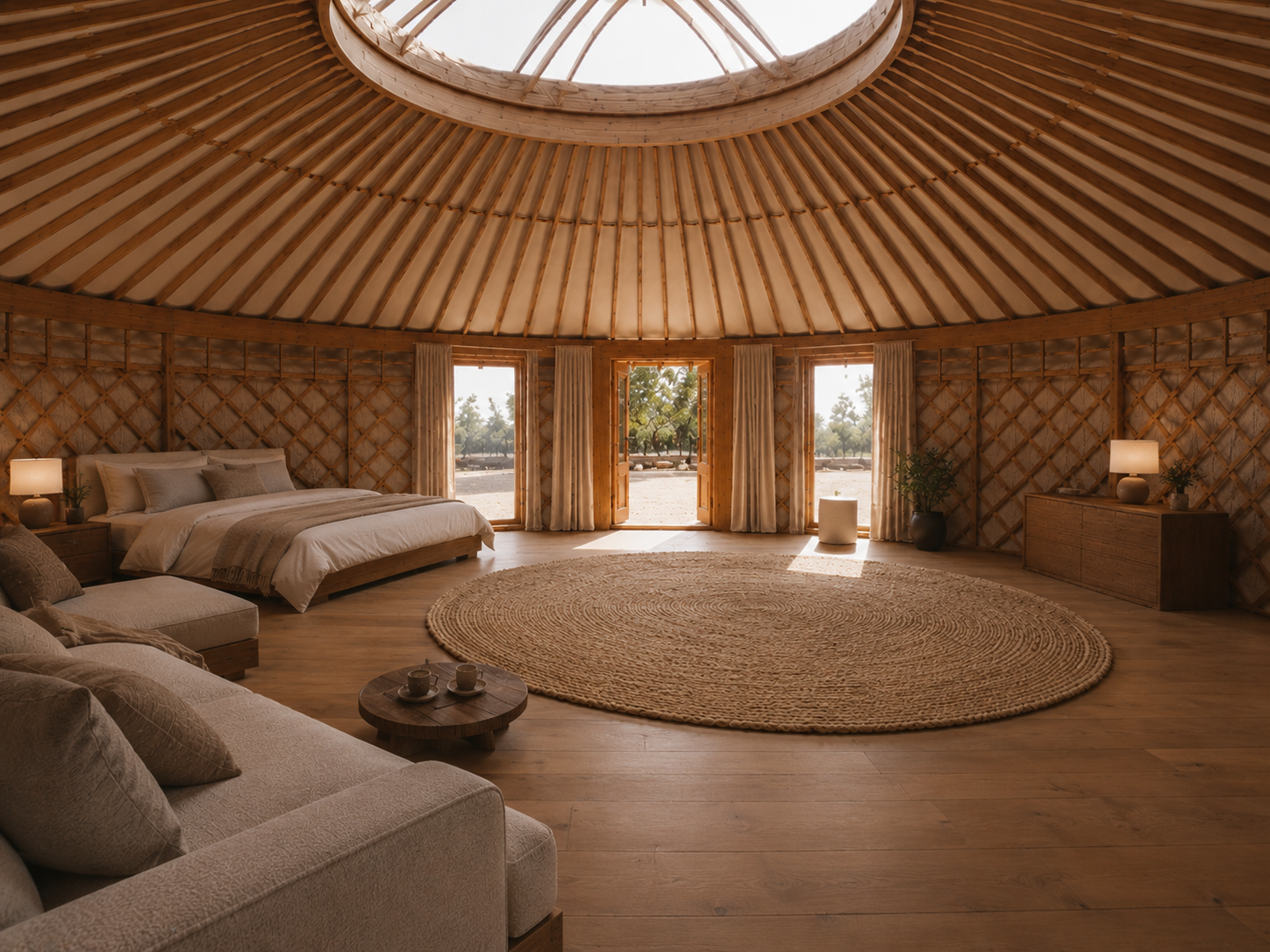 Manas at midday — bed to the left, doors wide to the orchard, round woven rug, sofa with low table